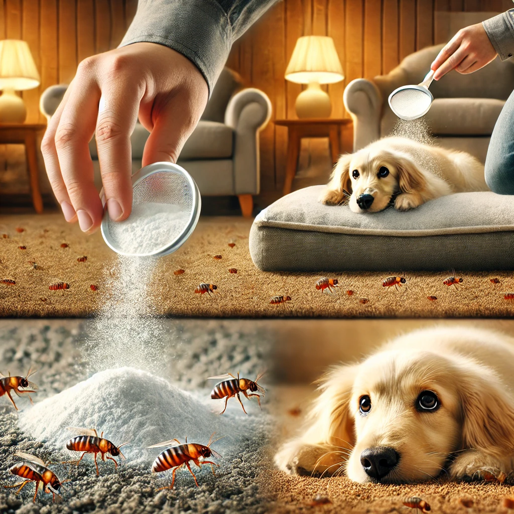 diatomaceous-earth-being-applied-to-a-pets-fur-and-home